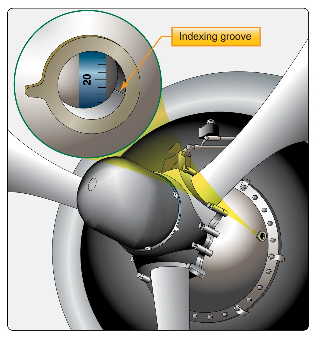 Typical built-in timing mark on propeller reduction gear.