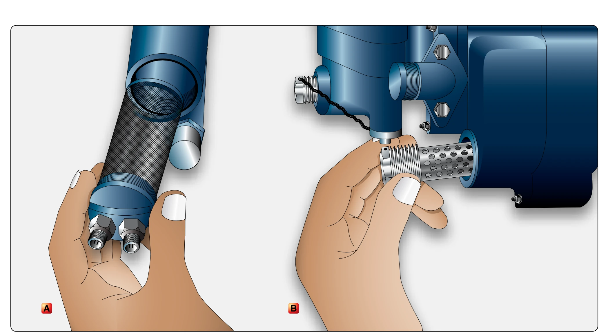 Oil pressure screen (A) and scavenge oil screen assembly (B).