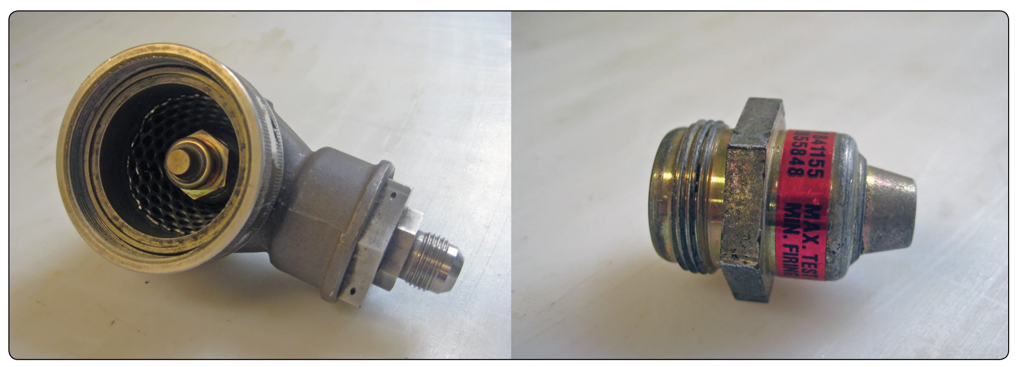 Discharge valve (left) and cartridge (squib) (right).