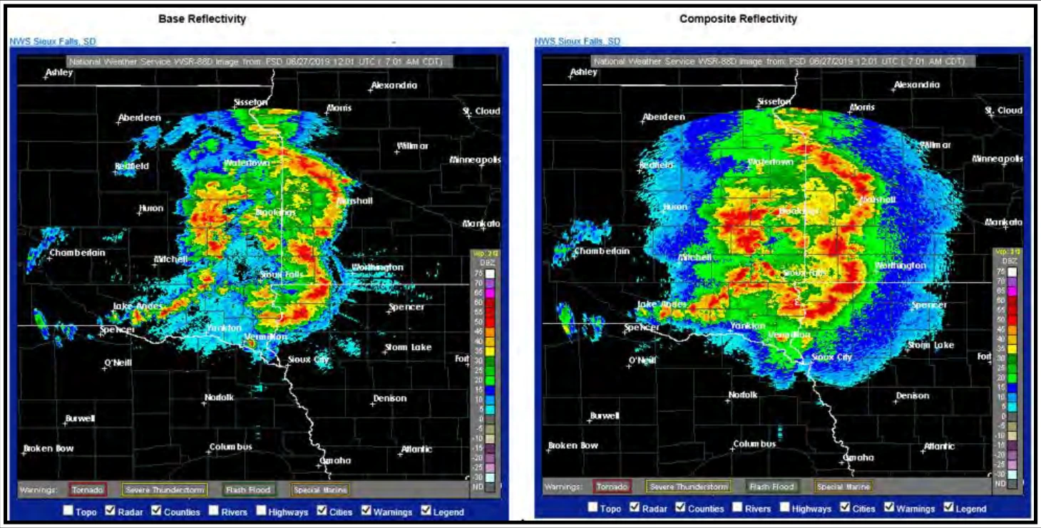 Figure 24-14. Weather Radar 0.5º Base Reflectivity (left) versus Composite Reflectivity (right) Comparison