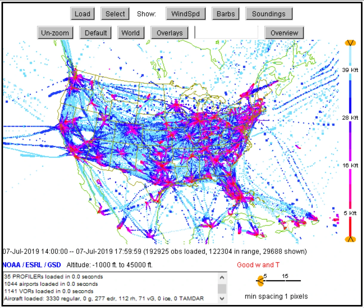 Figure 24-7. A Plot of AMDAR Reports Received During a 24-Hour Period in 2019