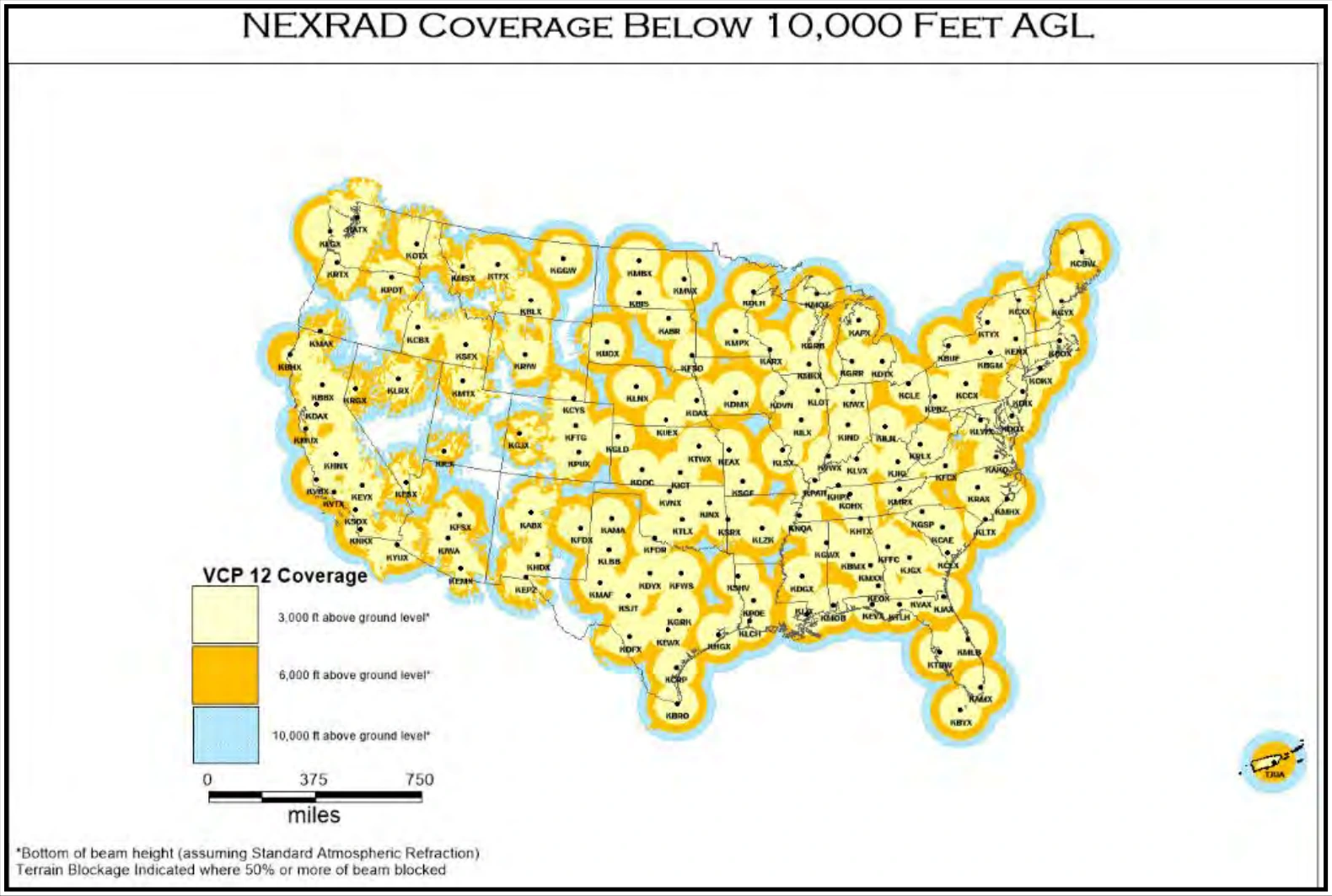 Figure 24-9. WSR-88D Weather Radar Coverage at 3,000 ft AGL, 6,000 ft AGL, and 10,000 ft AGL over the CONUS and Puerto Rico