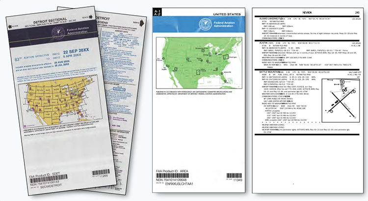 Figure 1-18. From left to right, a sectional VFR chart, IFR chart, and chart supplement U.S. (formerly Airport/Facility Directory) with a sample of a page from the supplement.