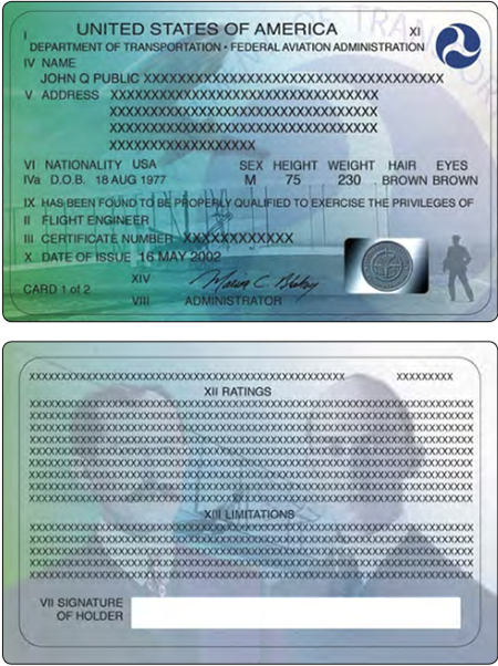 Figure 1-20. Front side (top) and back side (bottom) of an airman certificate issued by the FAA.