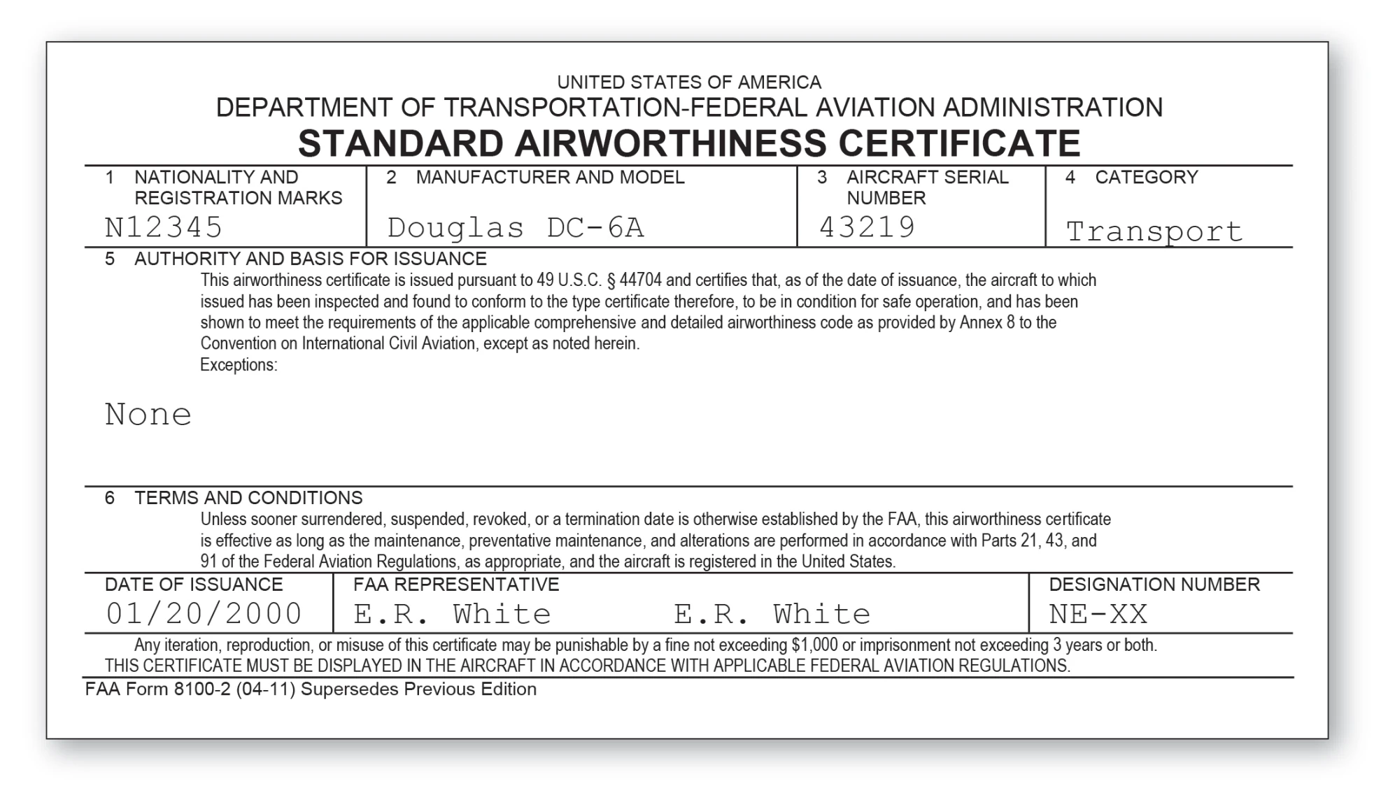 Figure 1-4. FAA Form 8100-2, Standard Airworthiness Certificate.