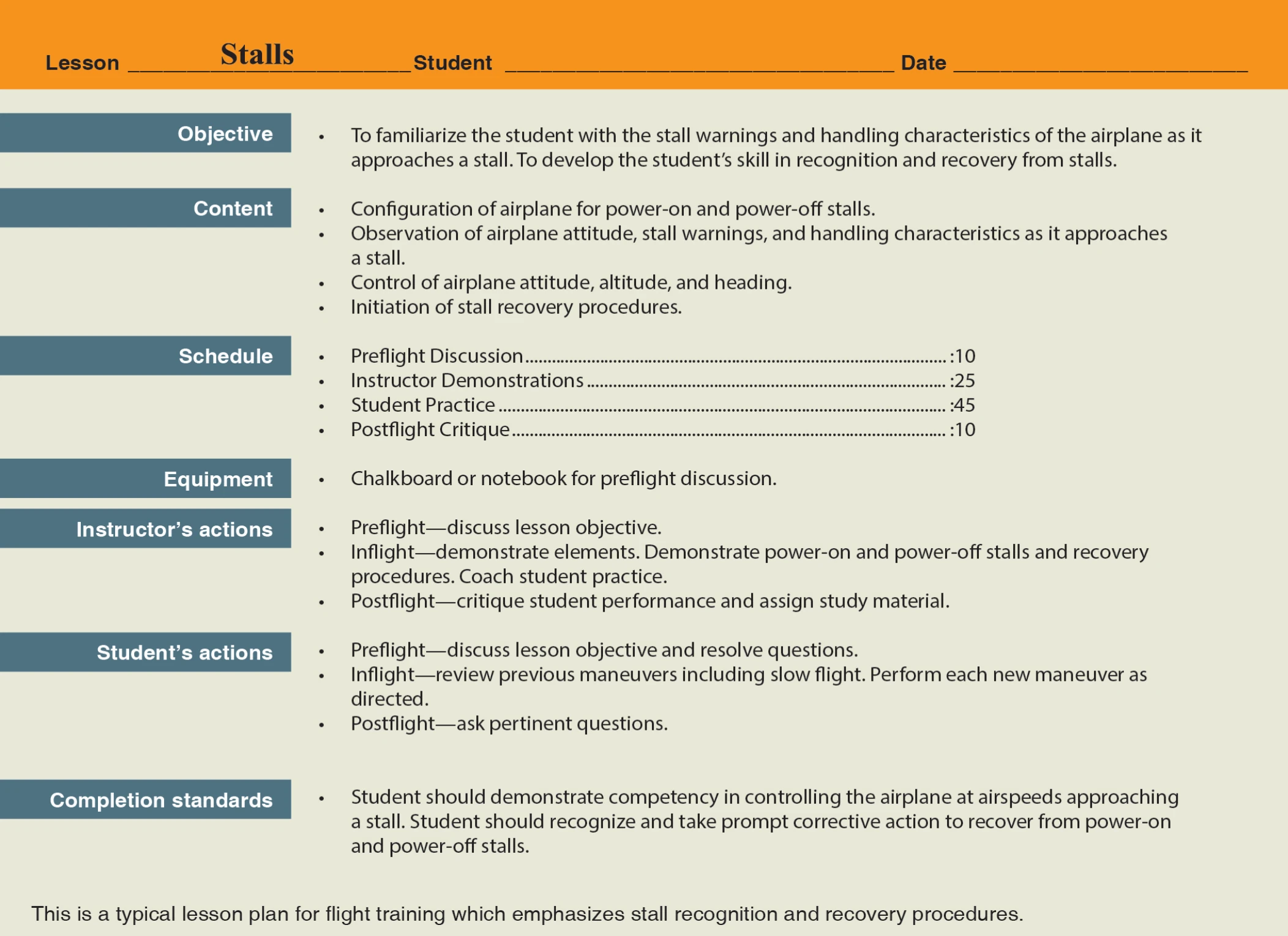 Figure 1-7. Sample lesson plan for stall training and recovery procedures.