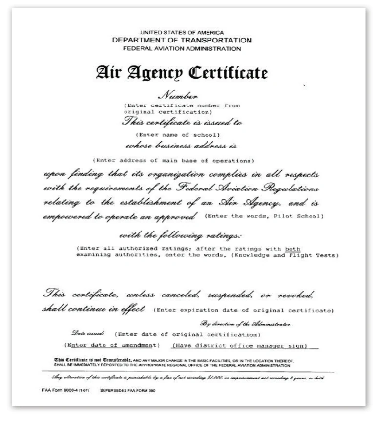 Figure 1-8. FAA Form 8000-4, Air Agency Certificate.