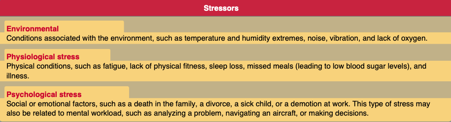 System stressors. Environmental, physiological, and psychological stress are factors that affect decision-making skills. These stressors have a profound impact especially during periods of high workload.