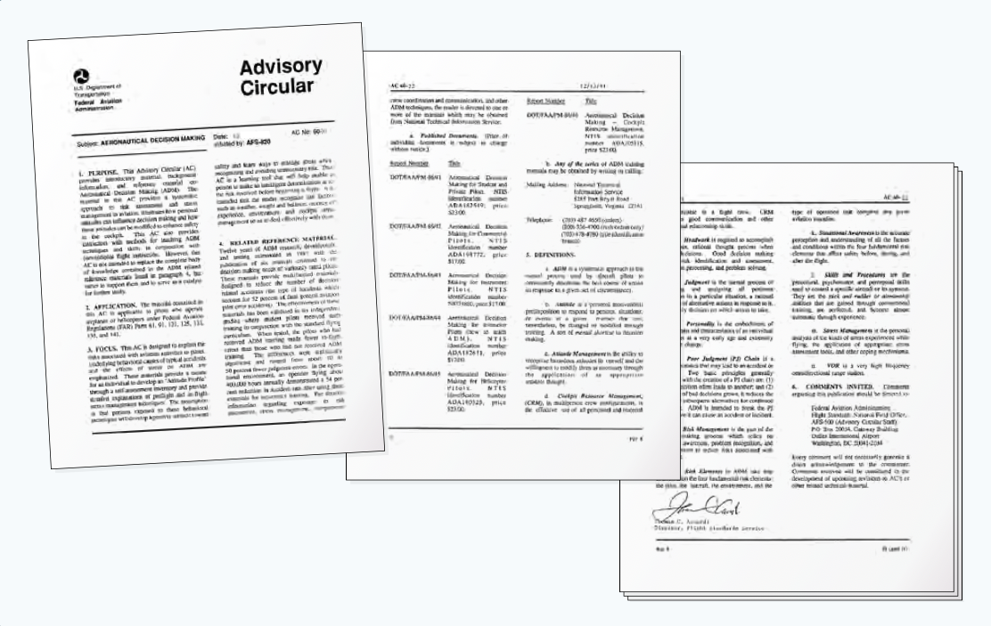 Advisory Circular (AC) 60-22, “Aeronautical Decision Making,” carries a wealth of information for the pilot to learn.