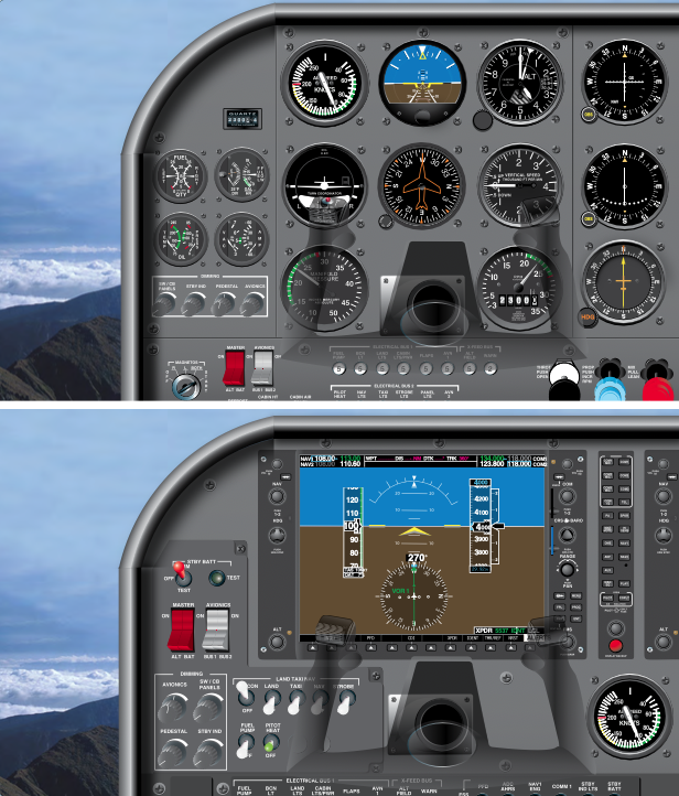 Two similar flight decks equipped with the same information two different ways, analog and digital. What are they indicating? Chances are that the analog pilot will review the top display before the bottom display. Conversely, the digitally trained pilot will review the instrument panel on the bottom first.