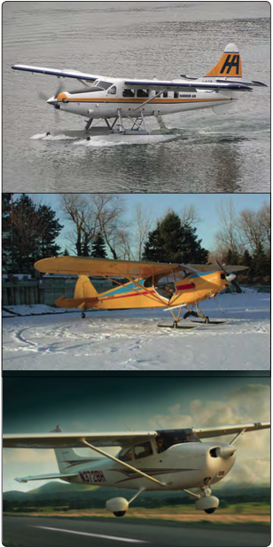 Types of landing gear: floats (top), skis (middle), and wheels (bottom).