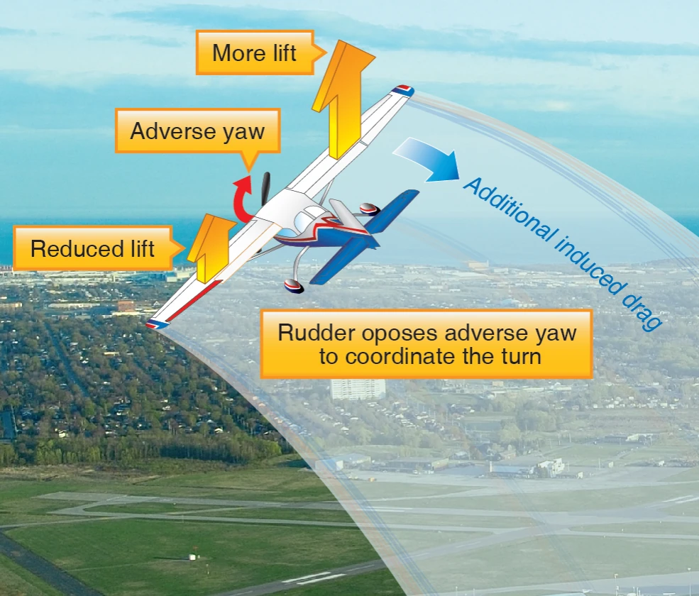 Figure 3-12. The rudder opposes adverse yaw to help coordinate the turn.
