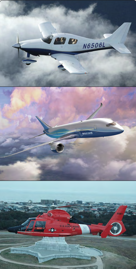 Composite materials in aircraft, such as Columbia 350 (top), Boeing 787 (middle), and a Coast Guard HH-65 (bottom).
