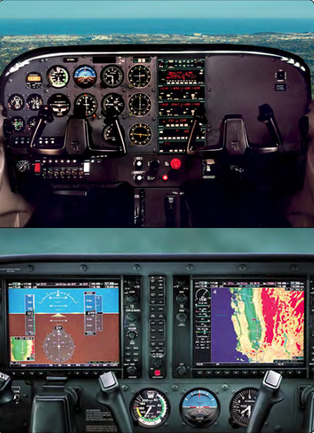 Analog display (top) and digital display (bottom) from a Cessna 172.