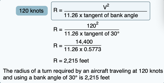 Radius at 120 knots with bank angle of 30°