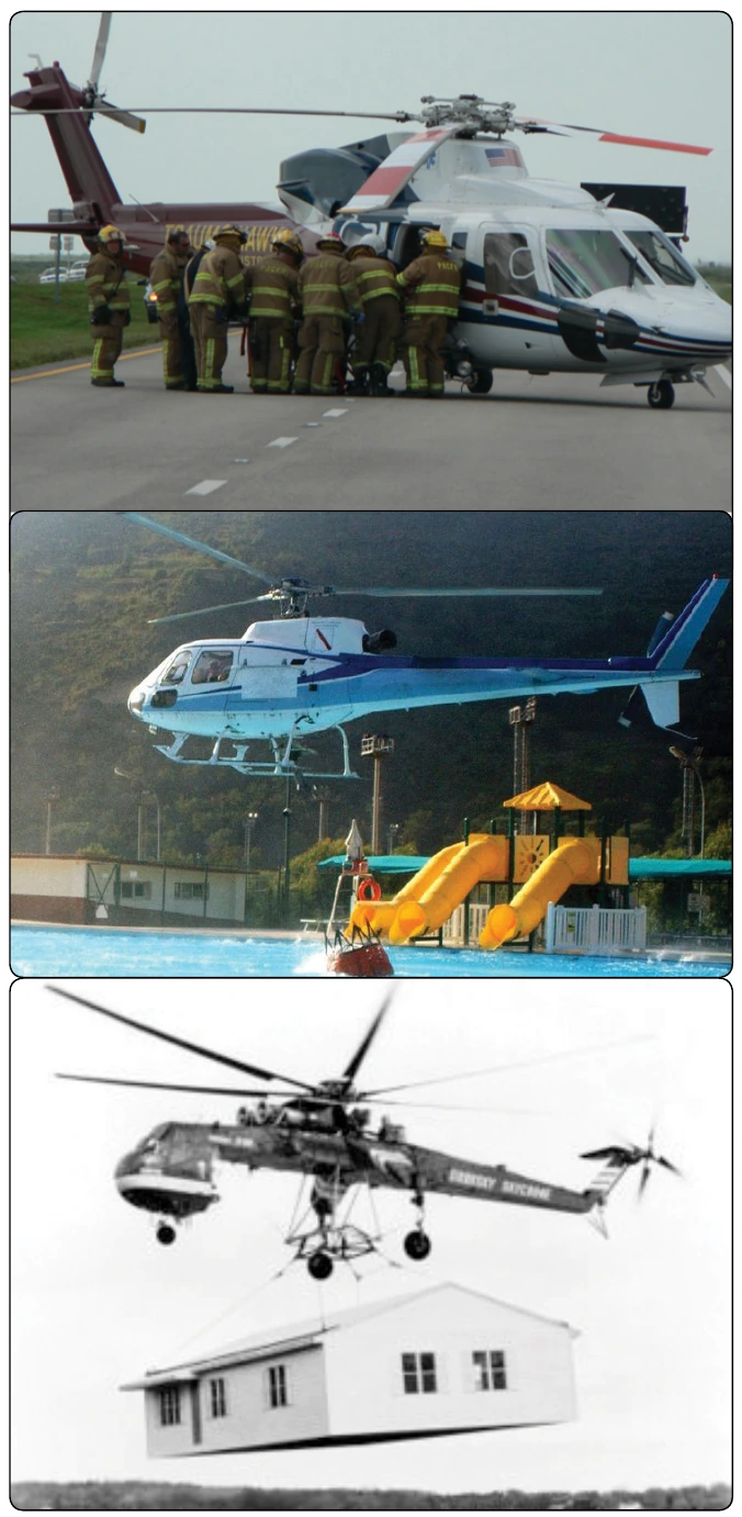 Figure 1-3. The many uses for a helicopter include search and rescue (top), firefighting (middle), and construction (bottom).