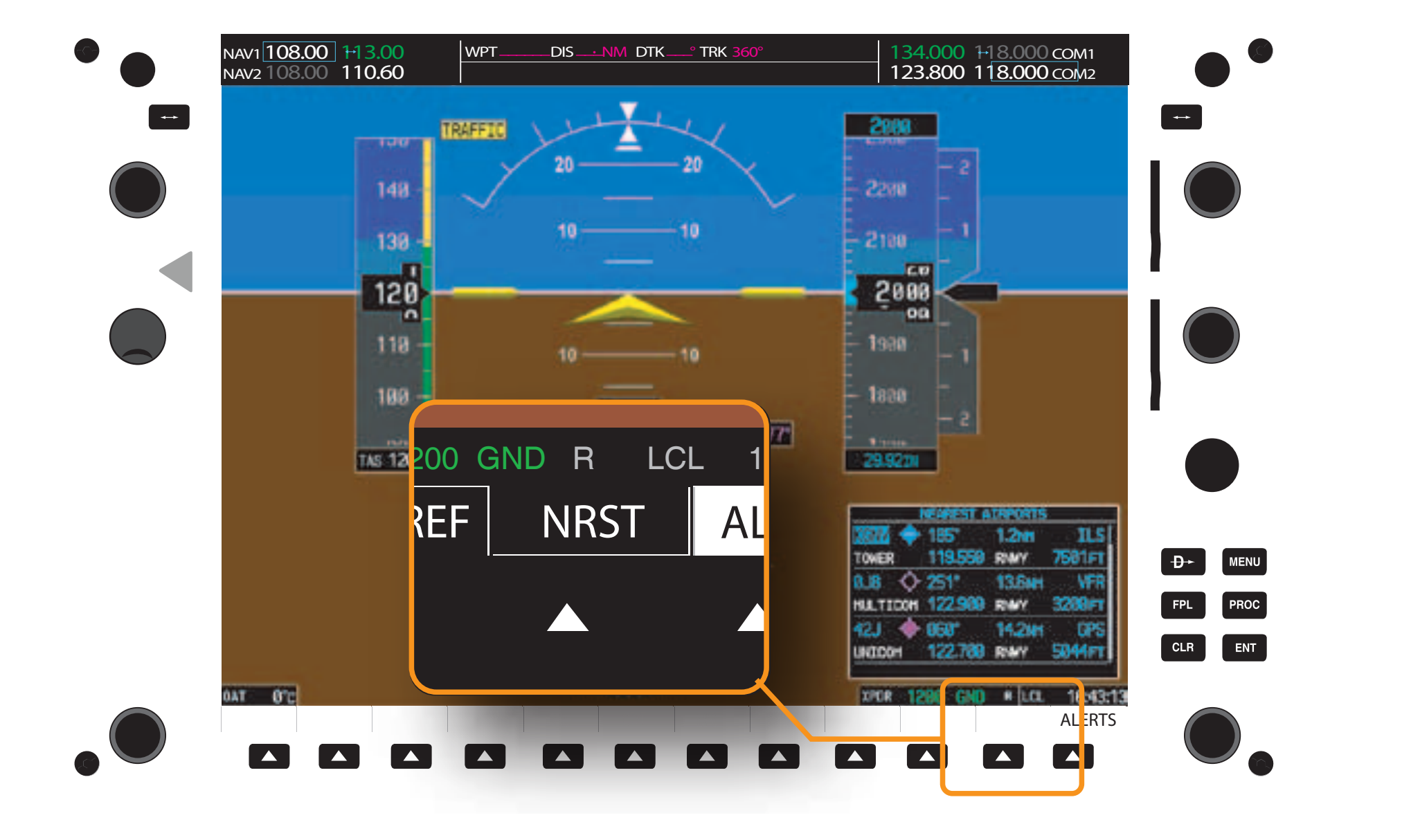 Figure 11-9. The default soft key menu that is displayed on the PFD contains a “NRST” (Nearest Airport) soft key. Pressing this soft key opens a text box that displays the nearest 25 airports.