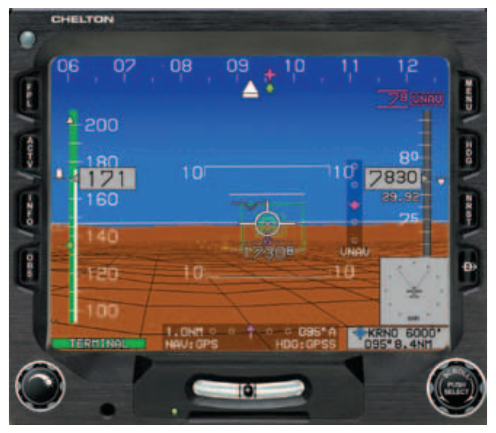Figure 5-46. The benefits of realistic visualization imagery, as illustrated by Synthetic Vision manufactured by Chelton Flight Systems. The system provides the pilot a realistic, real-time, three-dimensional depiction of the aircraft and its relation to terrain around it.