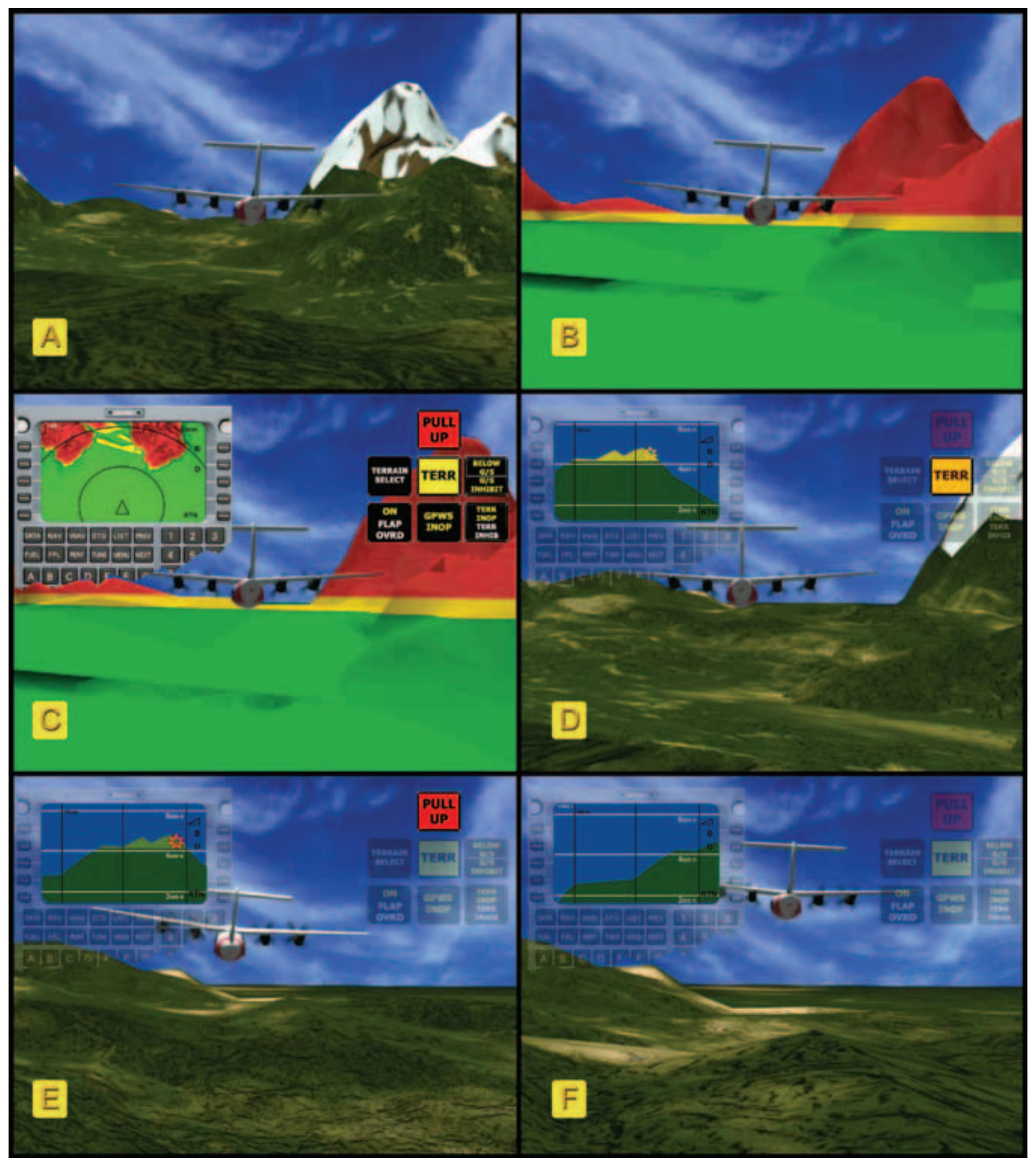 Figure 5-59. A six-frame sequence illustrating the manner in which TAWS operates. A TAWS installation is aircraft specific and provides warnings and cautions based upon time to potential impact with terrain rather than distance. The TAWS is illustrated in an upper left window while aircrew view is provided out of the windscreen. A illustrates the aircraft in relation to the outside terrain while B and C illustrate the manner in which the TAWS system displays the terrain. D is providing a caution