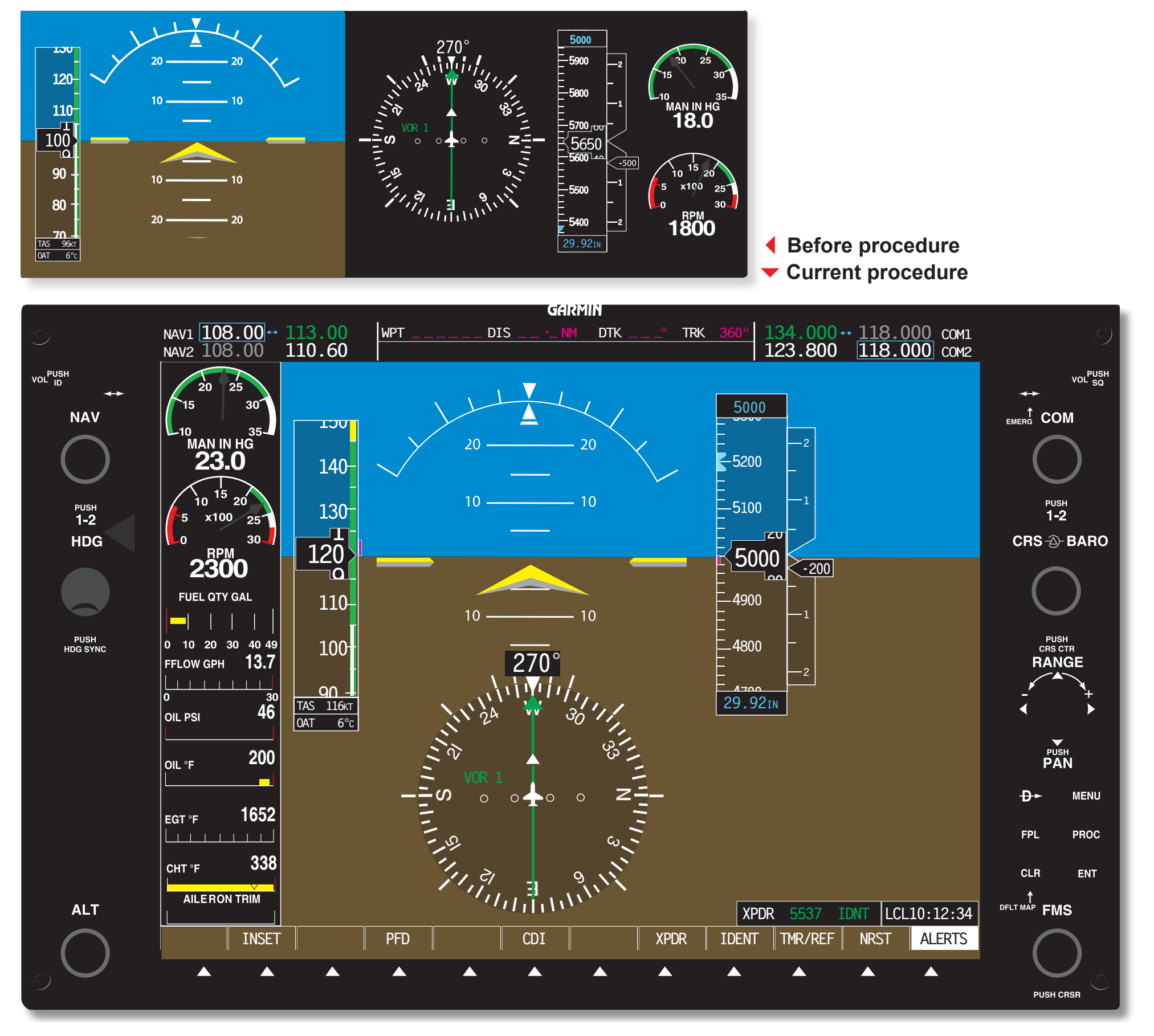 Figure 7-66. The top image illustrates a reduction of power and descending at 500 fpm to an altitude of 5,000 feet. The bottom image illustrates an increase in power and the initiation of leveling off.