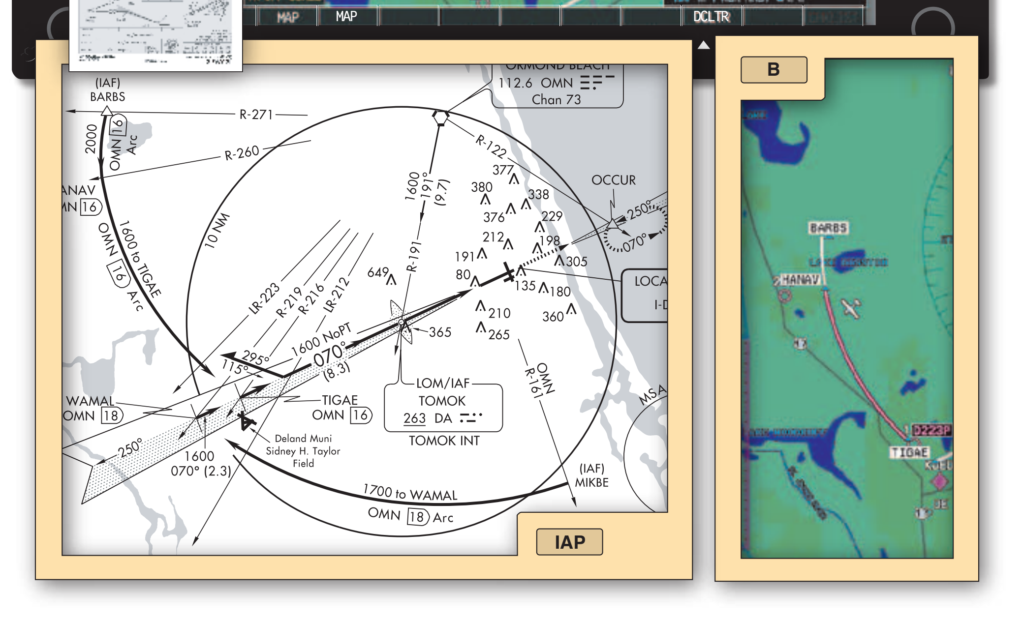 Figure 9-19. An aircraft is displayed heading southwest to intercept the localizer approach, using the 16 NM DME arc off of OMN.