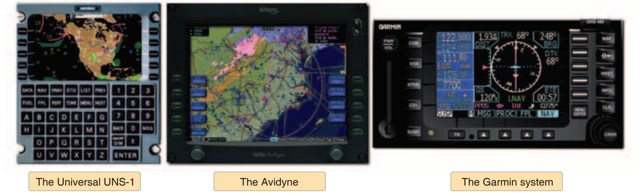 Figure 9-42. Typical display and control unit(s) in general aviation. The Universal UNS-1 (left) controls and integrates all other systems. The Avidyne (center) and Garmin systems (right) illustrate and are typical of completely integrated systems. Although the Universal CDU is not typically found on smaller general aviation aircraft, the difference in capabilities of the CDUs and stand-alone sytems is diminishing each year.