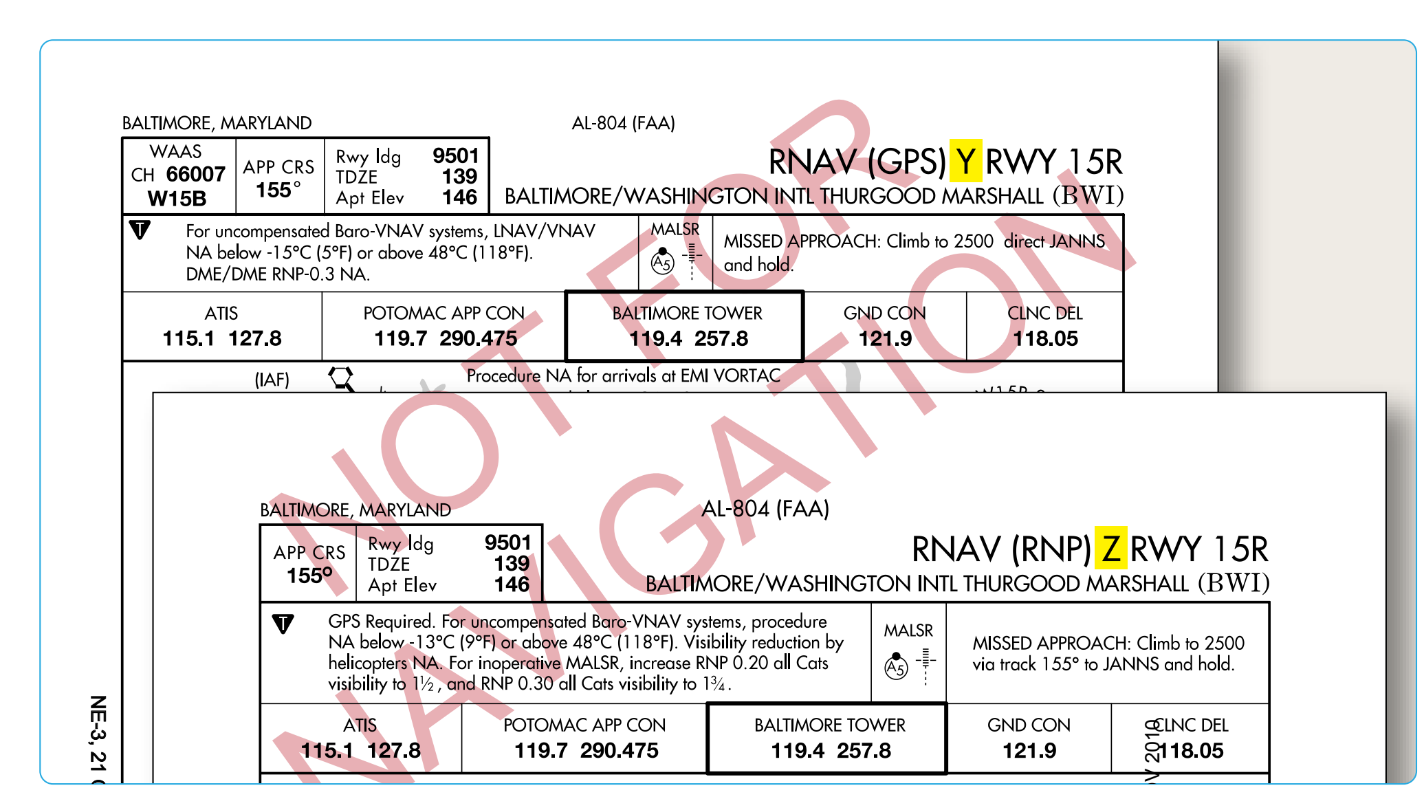 Figure 3-15. Two RNAV (GPS) approaches to Runway 15R at Baltimore. A controller issuing a clearance for one of these approaches would speak the identifying letter—for example, “...cleared for the RNAV (GPS) Yankee approach, Runway 15R...”
