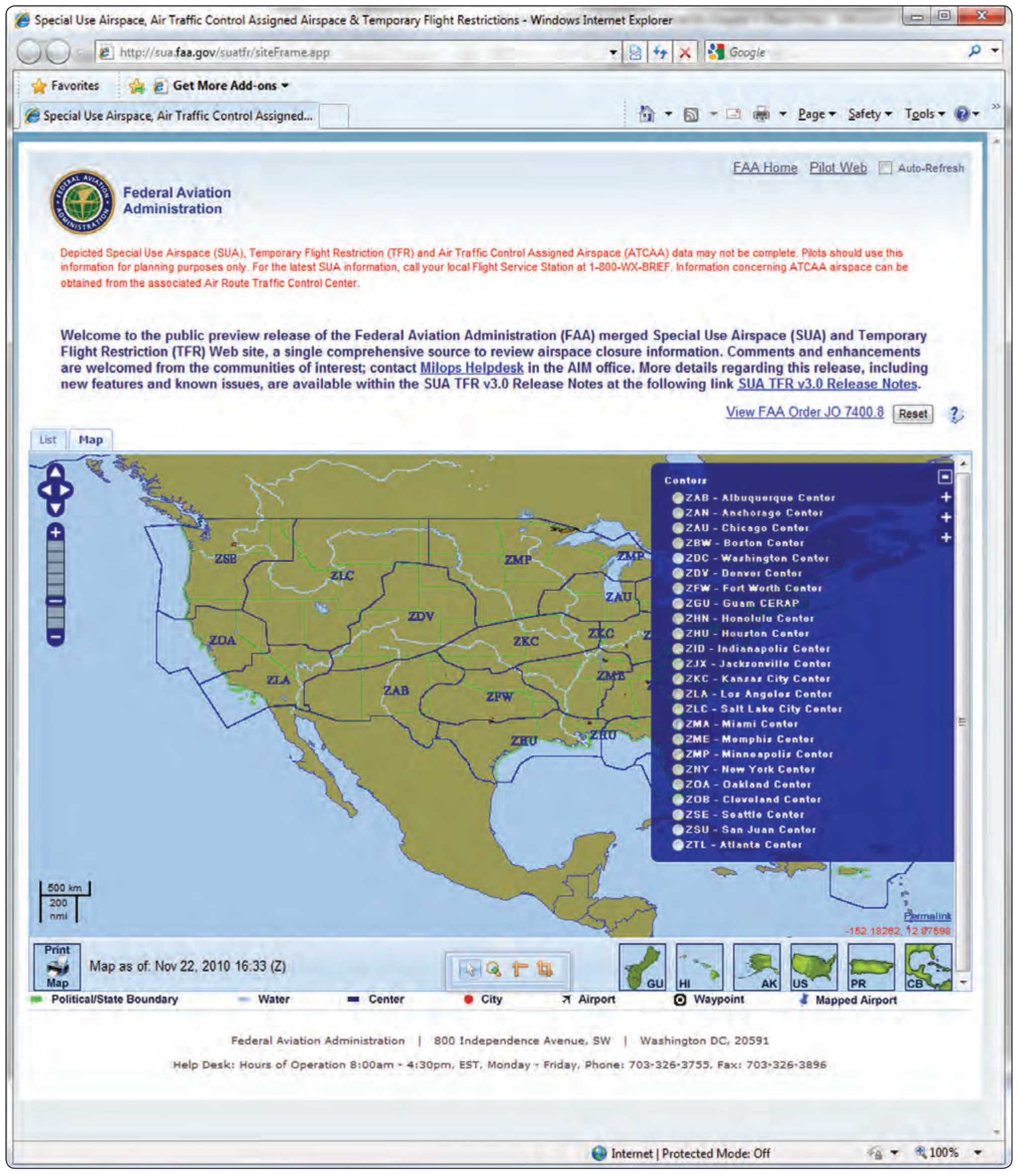 Figure 5-35. Center locations and information available to pilots through the FAA website.