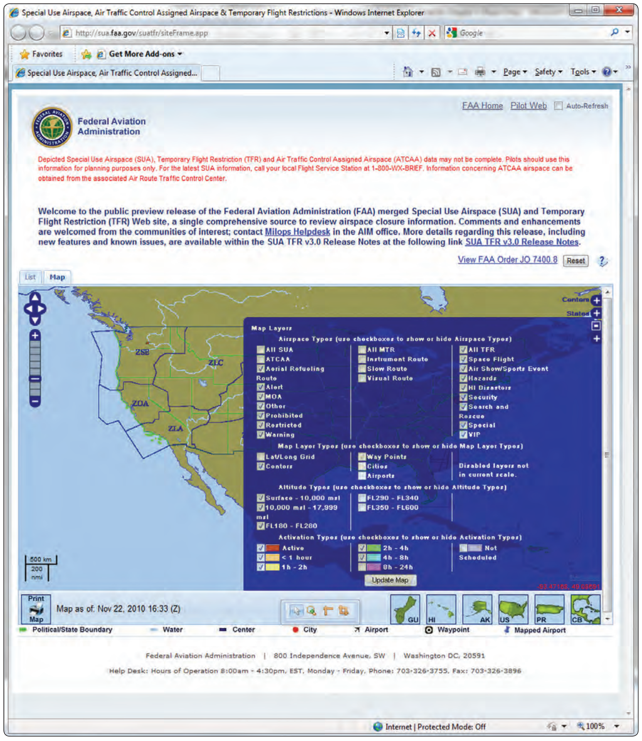 Figure 5-37. Map layer options and information available to pilots through the FAA website.