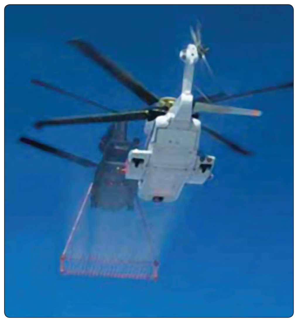 Figure 7-1. Icing tests. To safely provide an all-weather capability and flight into known icing conditions that would otherwise delay or cancel winter flight operations, the digital control of the S-92 Rotor Ice Protection System (RIPS) determines the temperature and moisture content of the air and removes any ice buildup by heating the main and tail rotor blades. The system is shown here during testing.
