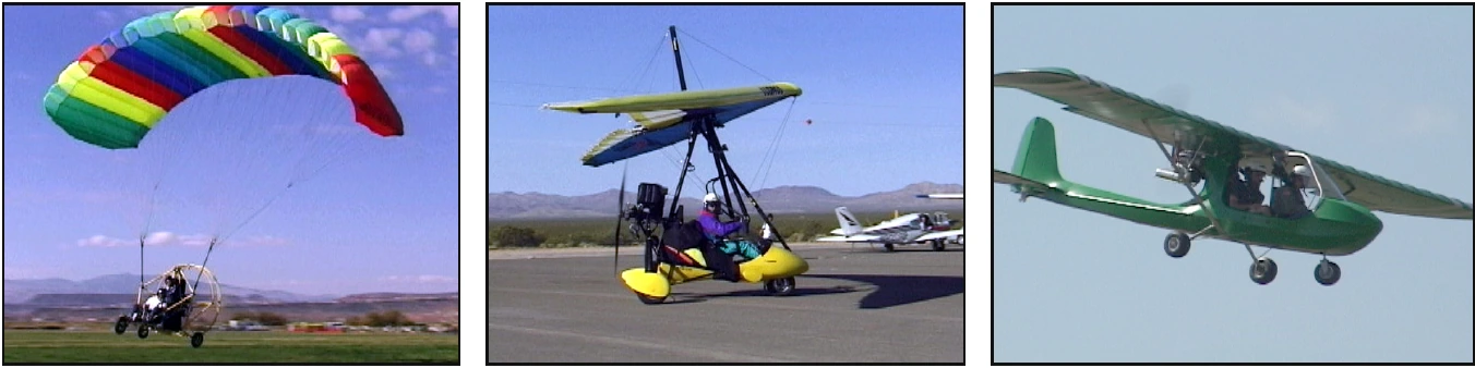 Figure 1-3. The powered parachute has some unique operating characteristics as compared to other light-sport aircraft. Left, PPC with inflated wing; middle, weight-shift control aircraft; right, fixed-wing LSA.
