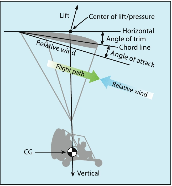 Figure 2-3. Angle of trim and center of pressure in gliding flight.