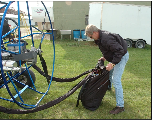 Figure 5-24. The line sleeve on the side of the cart where the bag will be stored can be placed on top of the folded wing, inside the bag; the other line sleeve will be used to store the bag on the cart.