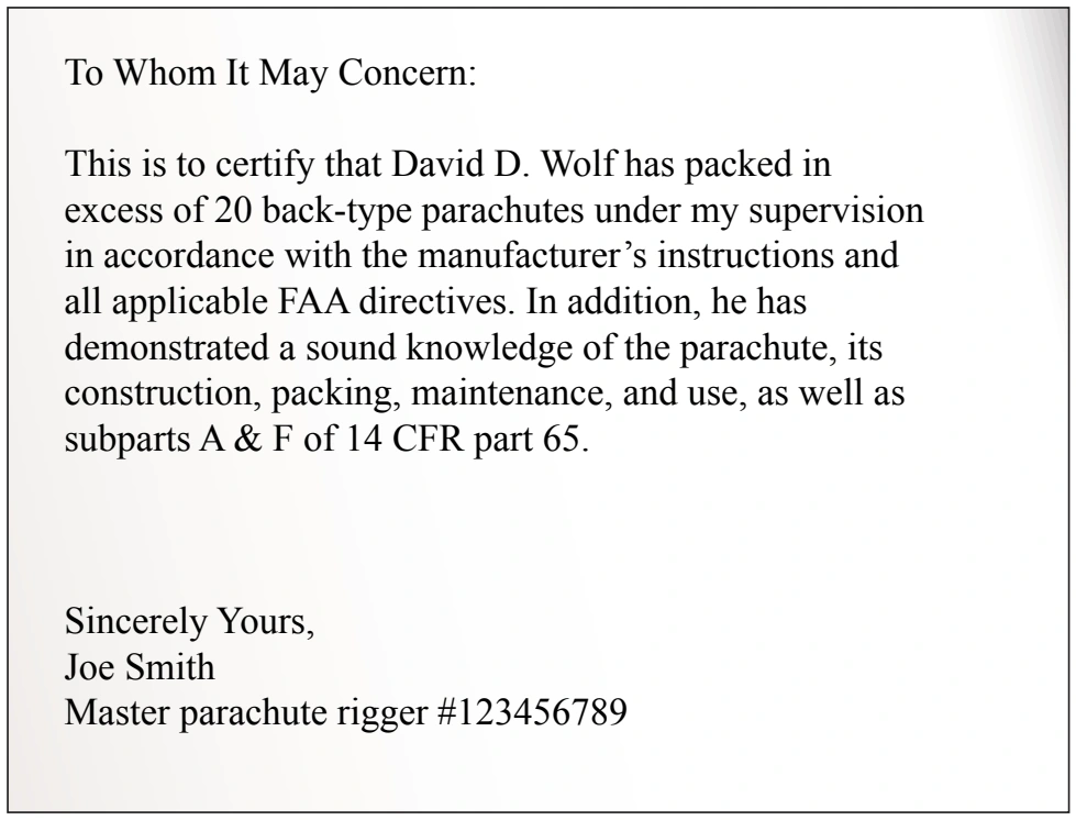 Figure 1-2. Certification letter signing off a parachute rigger candidate for FAA testing.