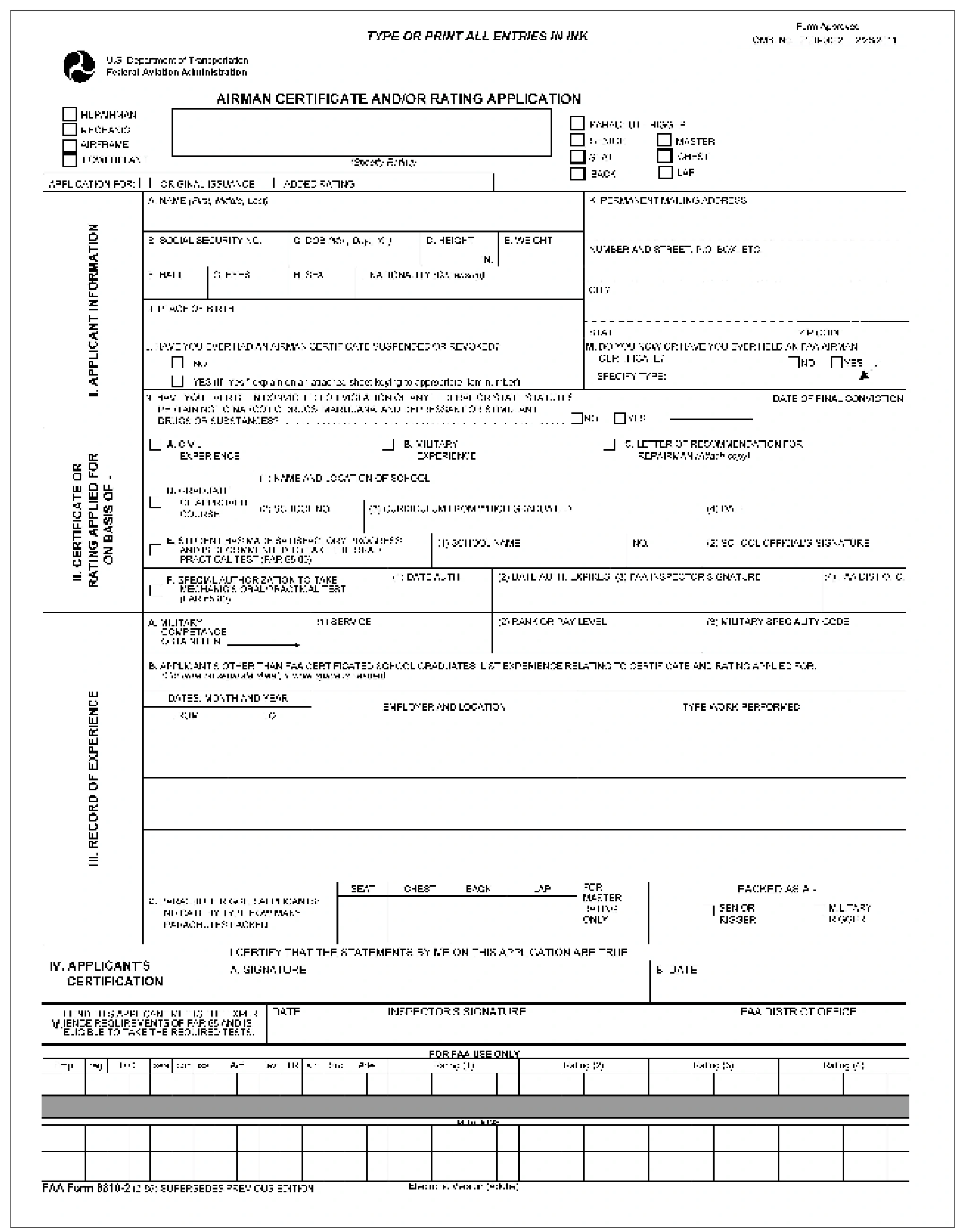 Figure 1-3. FAA Form 8610-2, Airman Certificate and/or Rating Application.