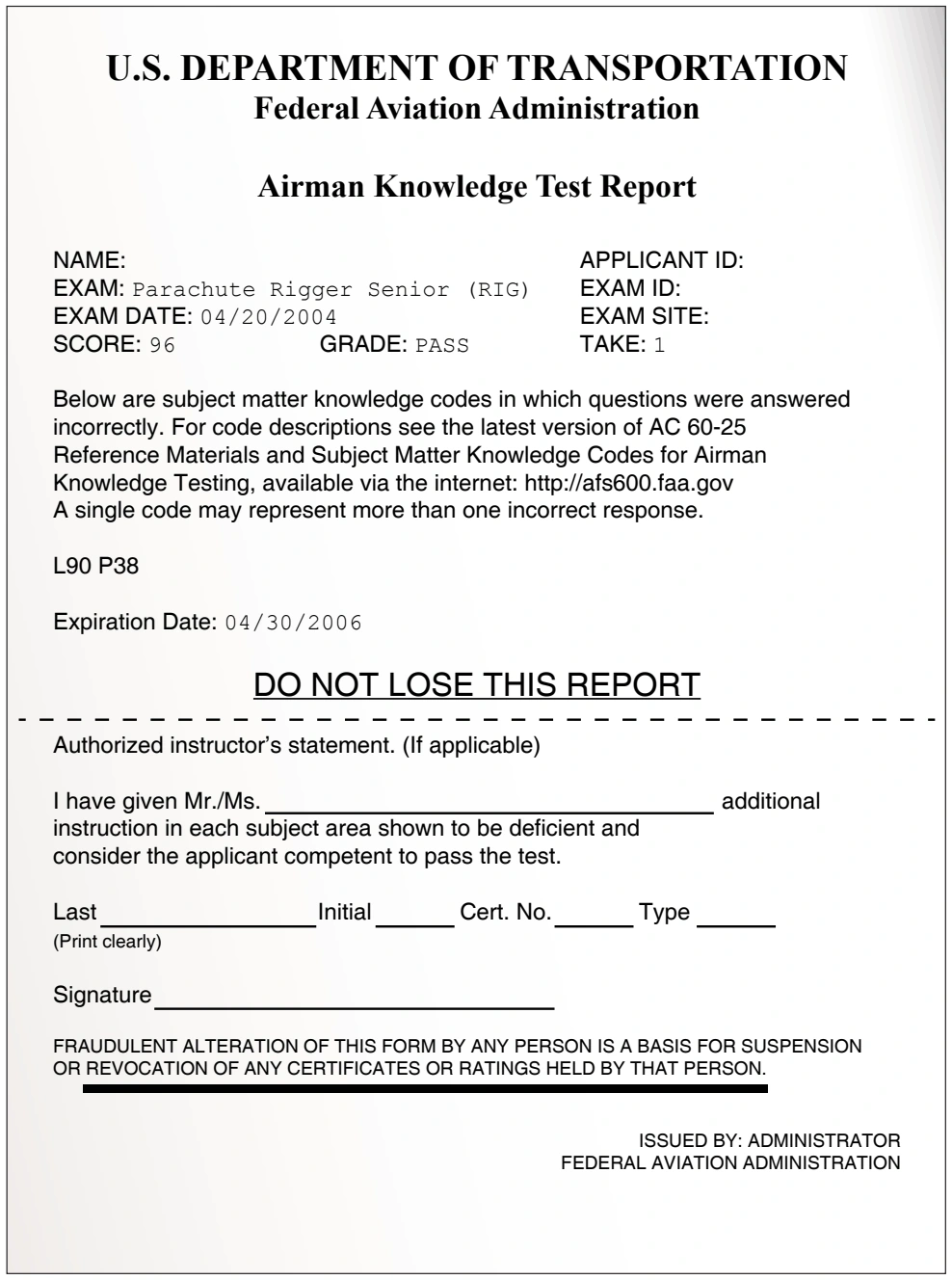 Figure 1-4. Sample Airman Knowledge Test Report.