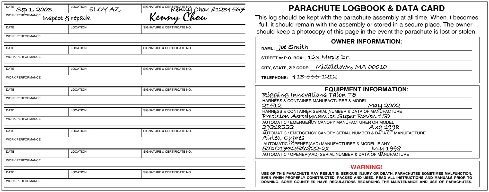 Figure 1-8. Parachute Packing Record or Data Card.