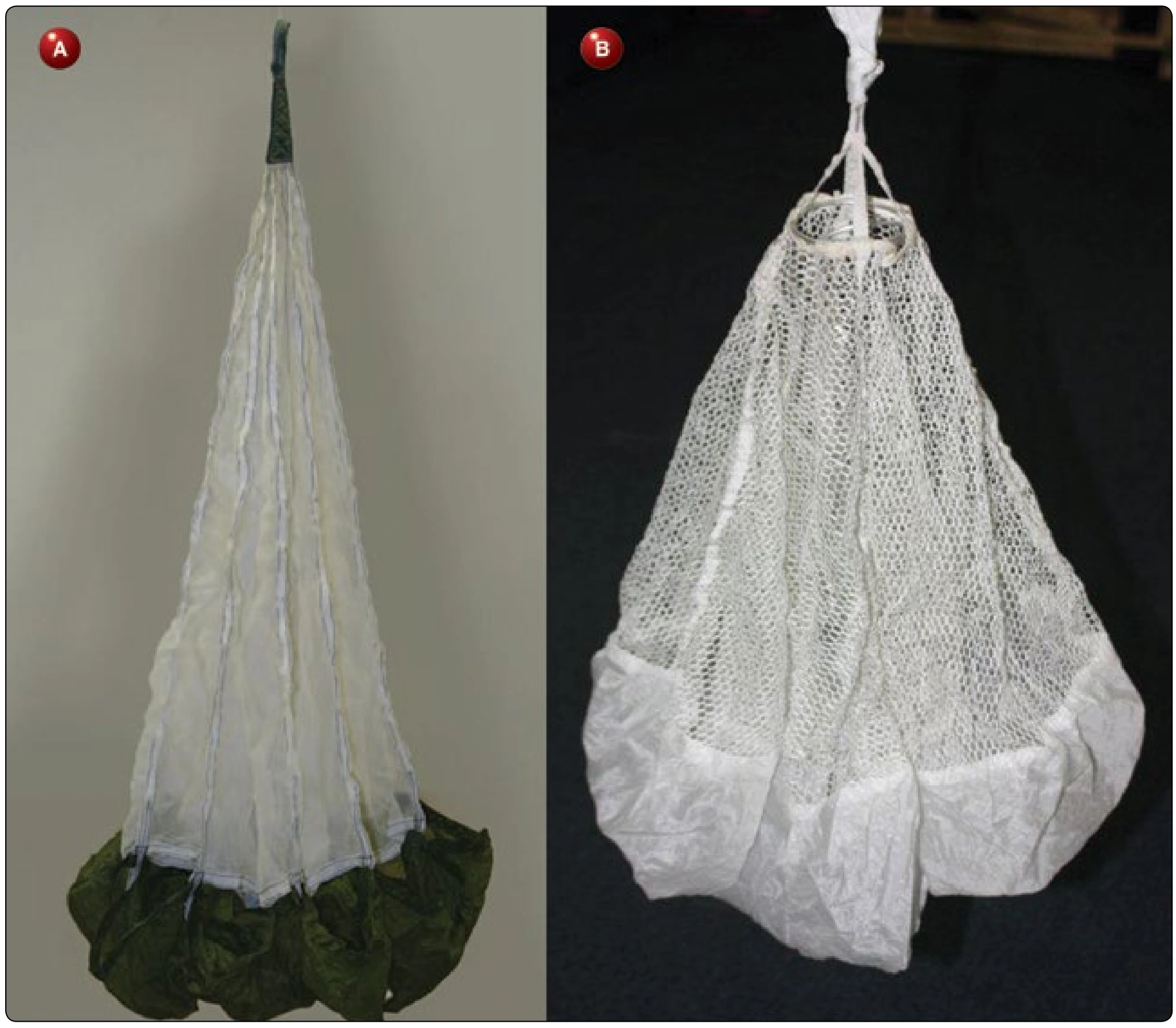 Figure 2-40. A) MA-1 pilot chute and B) high-drag pilot chute with large hole mesh.