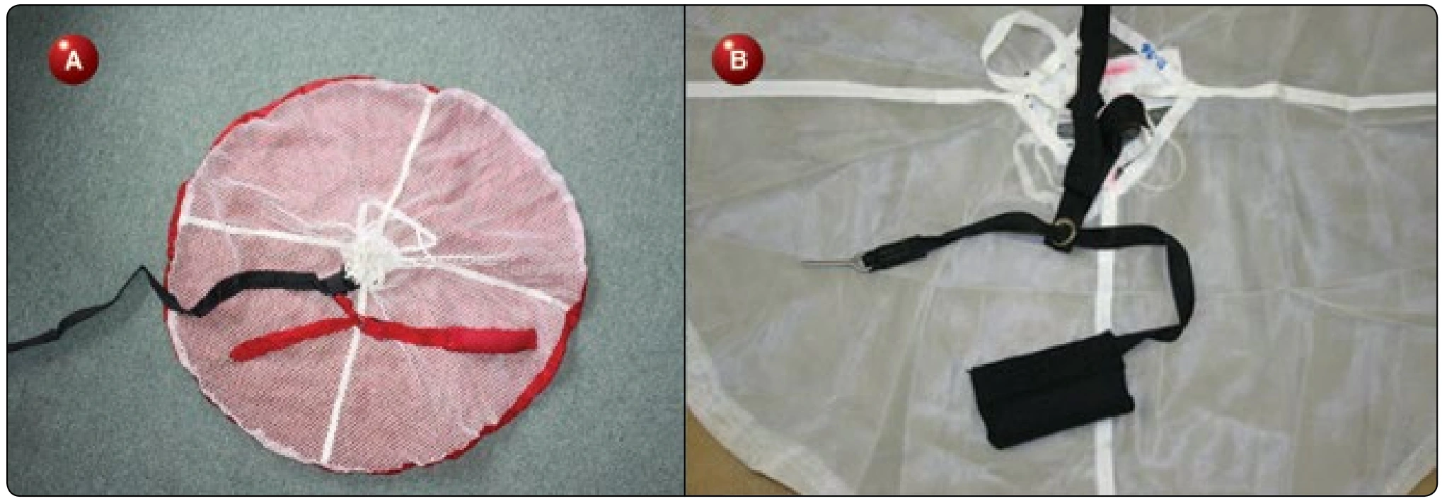Figure 2-44. A) POP handle with pilot chute and B) POP handle and lanyard.