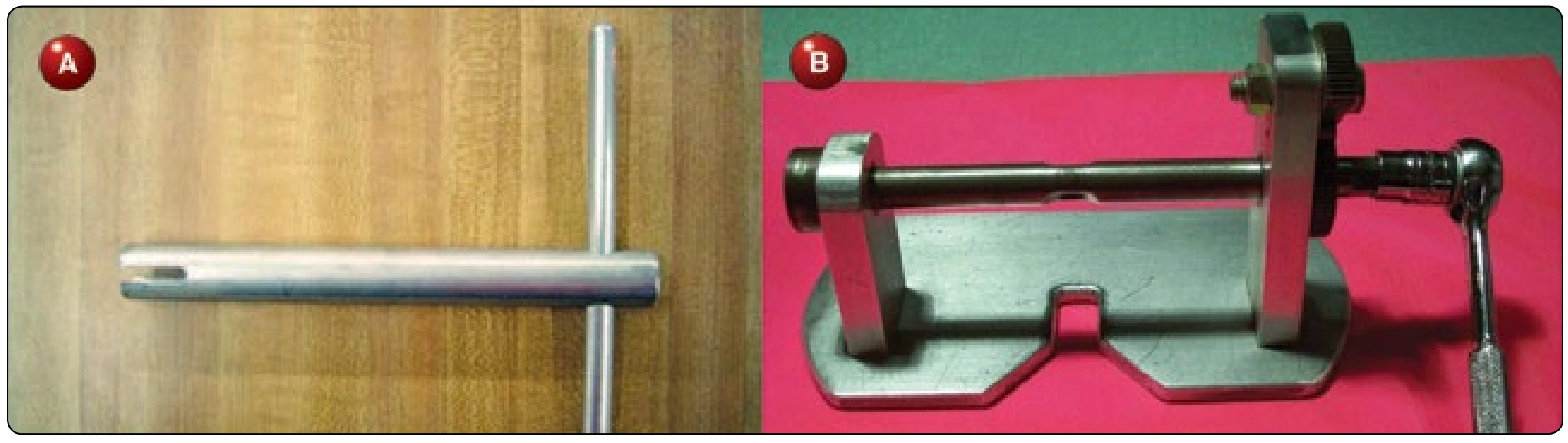 Figure 6-21. (A) T-bar positive leverage device and (B) positive leverage closing device with plate.