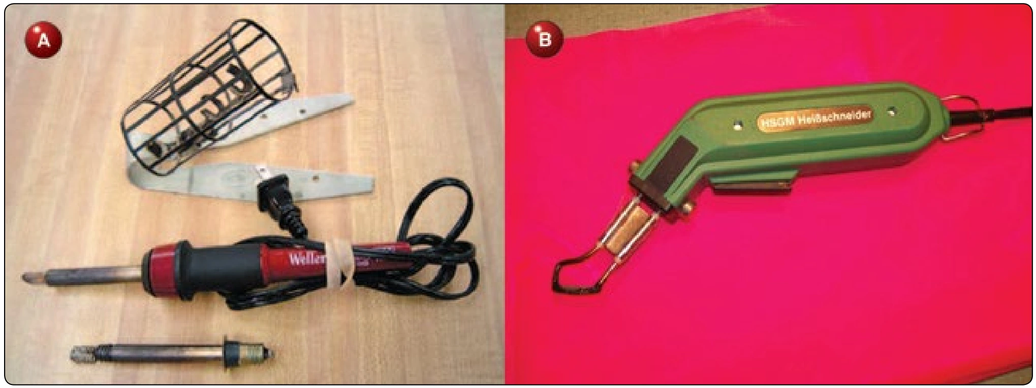 Figure 6-49. (A) Hot knife element with cutting tip, basting tip, and stand and (B) heavy duty hot knife.