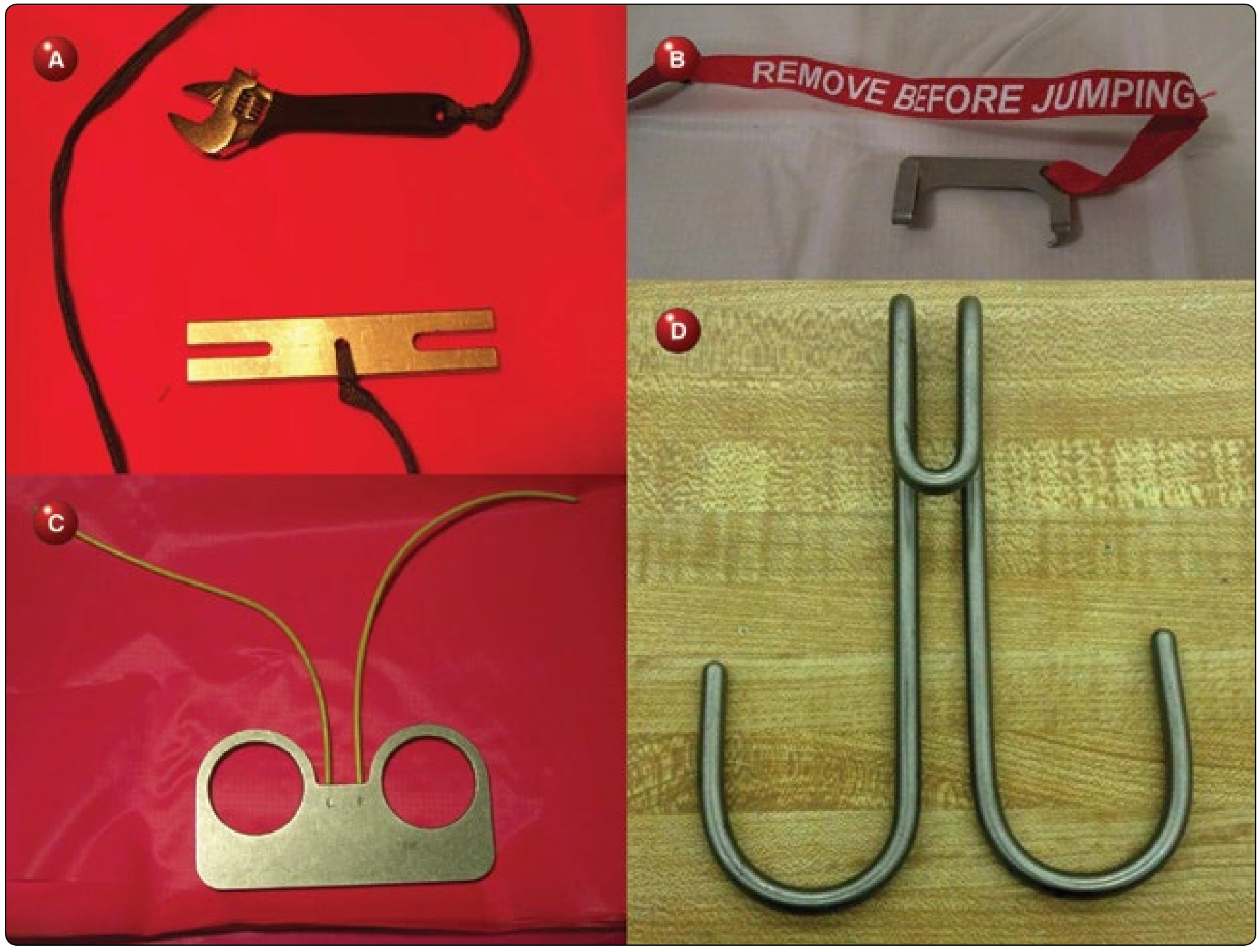 Figure 6-57. (A) link fork, (B) pull check tool, (C) tool used to maintain continuity of risers when removing main parachute from harness, and (D) Pro Pack hook.