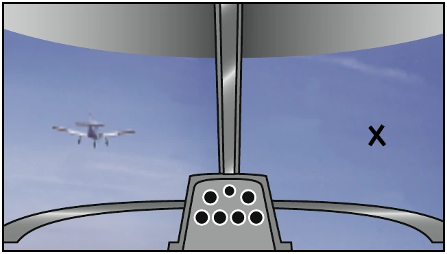 Figure 13-2. This illustration provides a dramatic example of the eye’s blind spot. Cover your right eye and hold this page at arm’s length. Focus your left eye on the X in the right side of the visual, and notice what happens to the aircraft as you slowly bring the page closer to your eye.