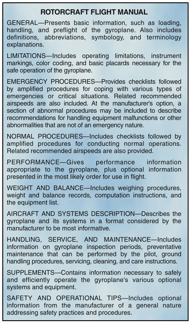 Figure 19-1. The FAA-approved flight manual may contain as many as ten sections, as well as an optional alphabetical index.