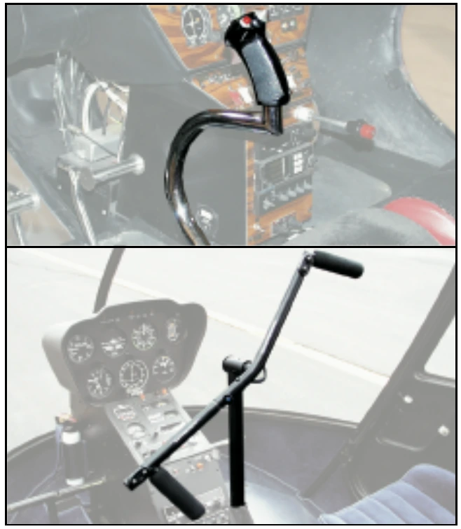 Figure 4-4. The cyclic pitch control may be mounted vertically between the pilot’s knees or on a teetering bar from a single cyclic located in the center of the helicopter. The cyclic can pivot in all directions.