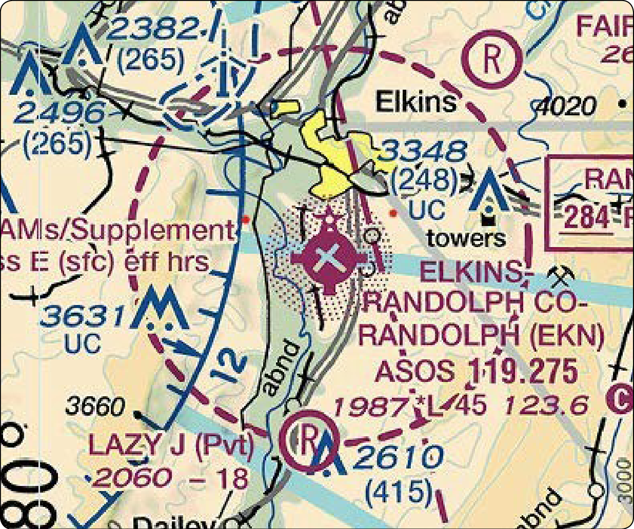 Figure 3-5. Sectional chart excerpt of Elkins, WV airport.