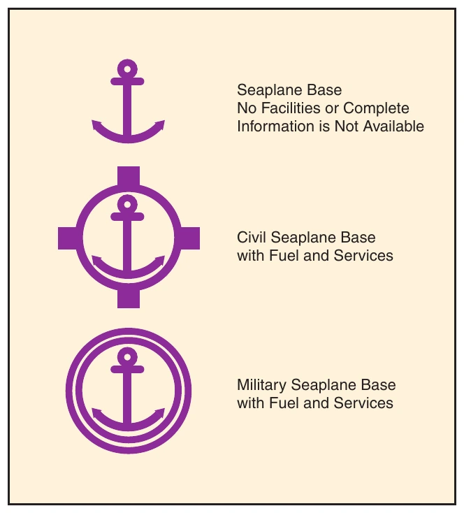 Figure 1-2. Seaplane landing areas have distinctive symbols to distinguish them from land airports.