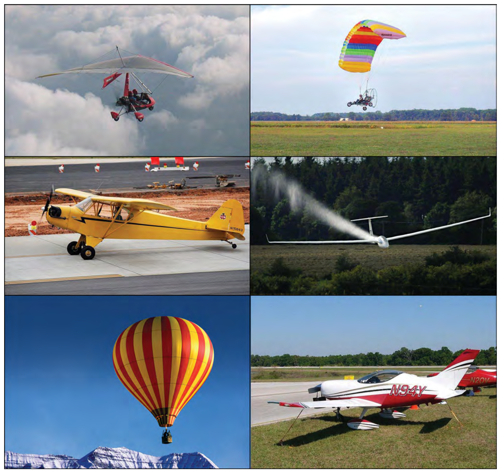 Figure 4-1. Here are some examples of weight-shift control aircraft: powered parachutes, gliders, airplanes, hot air balloons, and amateur-built aircraft (from top left, clockwise).